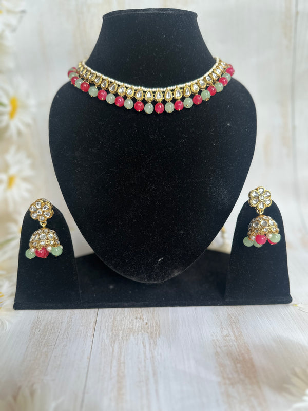 Red & Green Beaded Kundan Choker Set – Festive Elegance with a Pop of Colour
