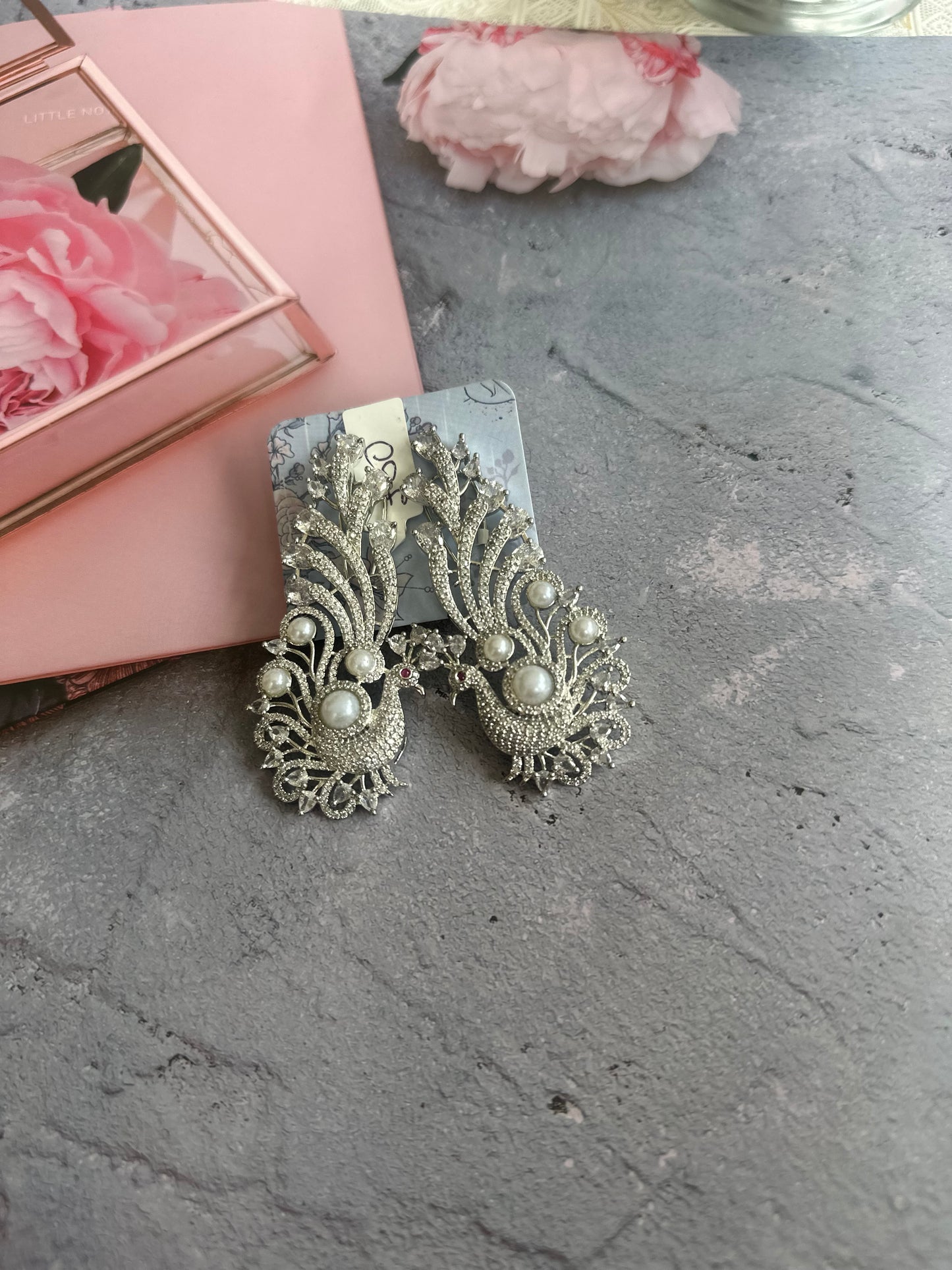 Crystal Peacock Statement Earrings – Regal Elegance in Silver