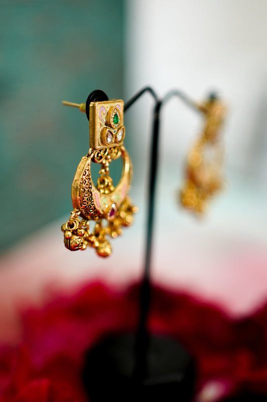 Gold Meenakari Chandbali Earrings