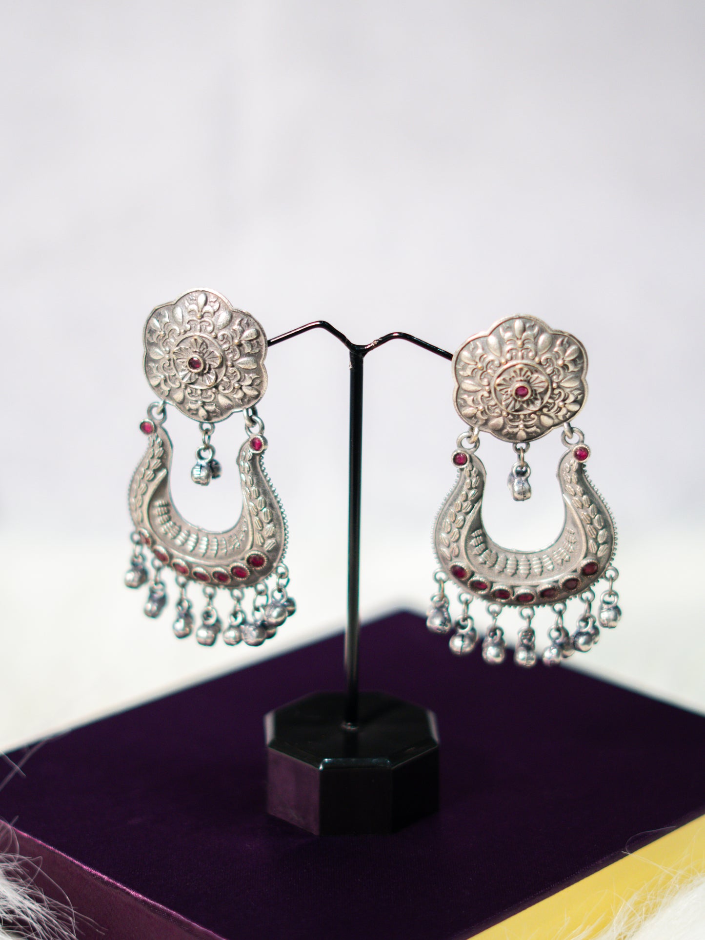 Oxidised Silver Chand Drop Earrings