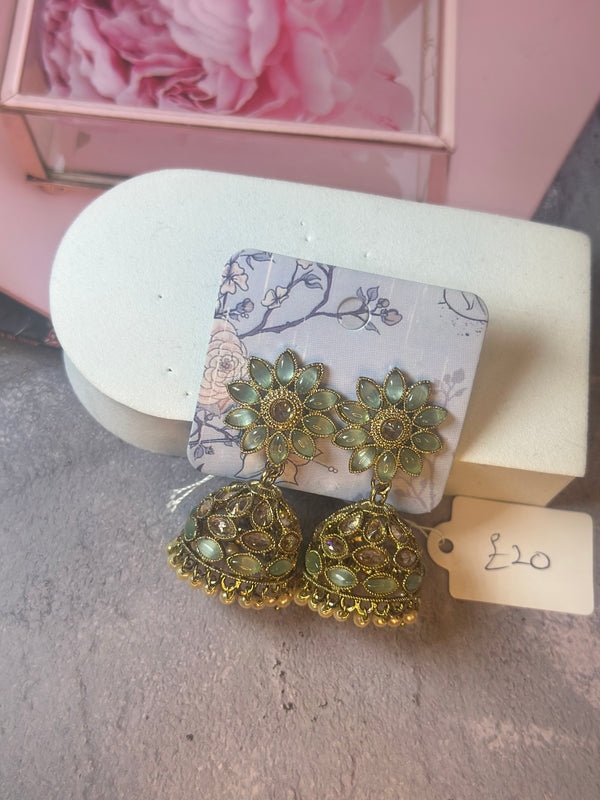 Mint Floral Jhumka Earrings – Traditional Beauty with a Soft Twist