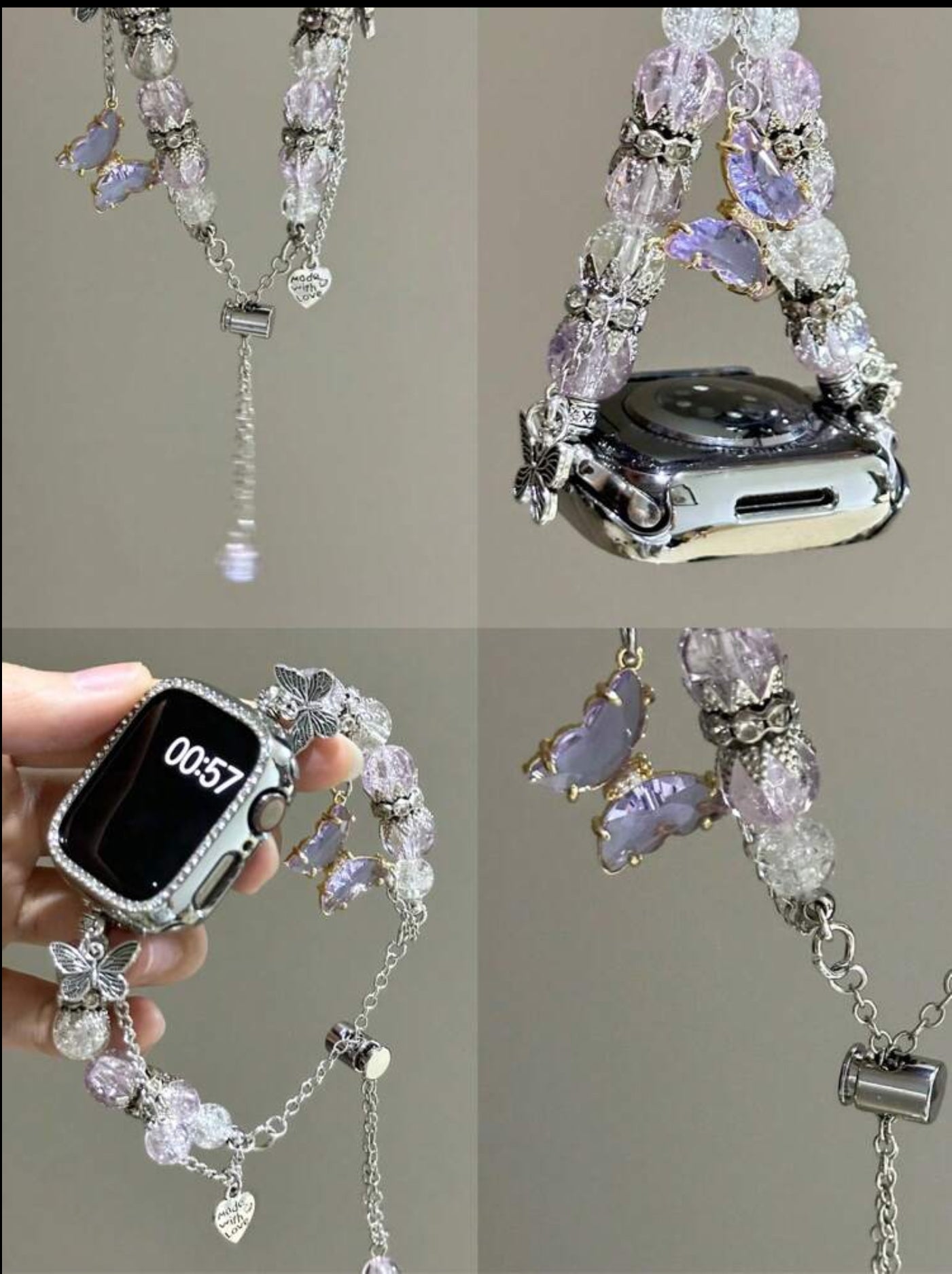 Lavender Butterfly Beaded Apple Watch Strap