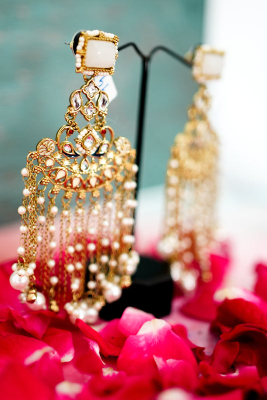 Pearl Tassel Kundan Chandbali Earrings