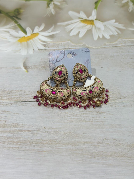 Magenta Enamel Chandbali Earrings – Bold Tradition in Bloom