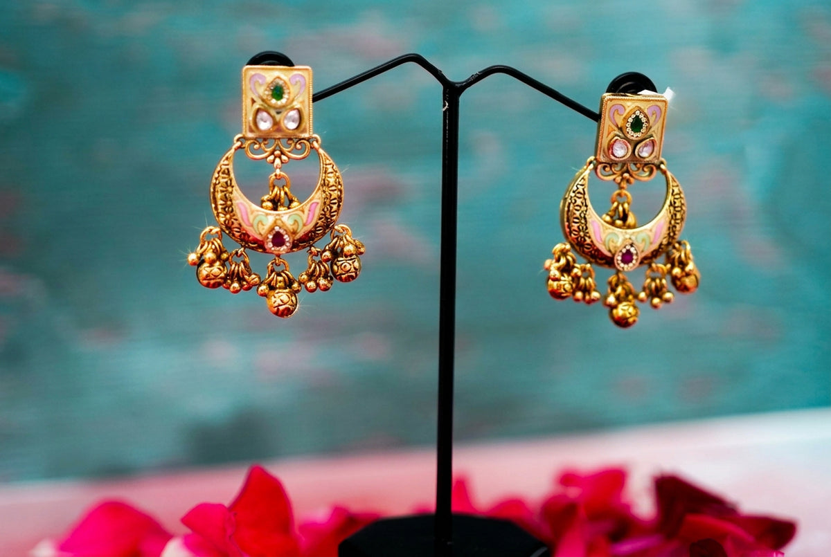 Gold Meenakari Chandbali Earrings