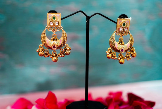 Gold Meenakari Chandbali Earrings
