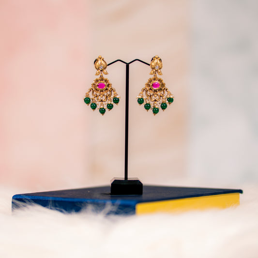 Kundan Style Earrings with Emerald Green Beads