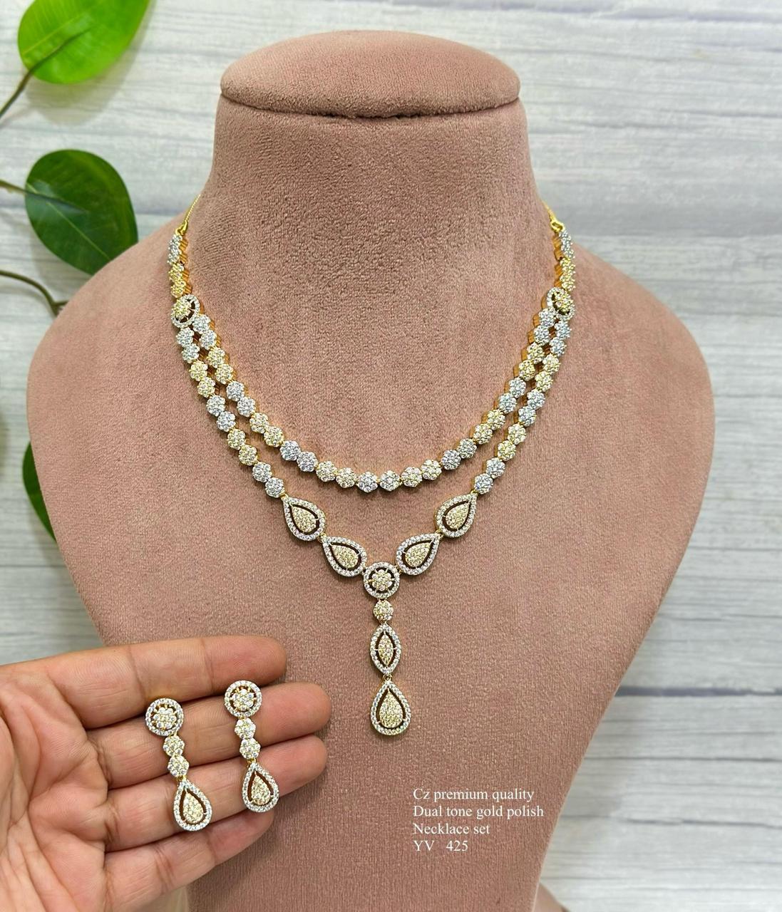 Timeless CZ Necklace and Earrings Set in Dual-Tone Gold Polish & White Rhodium