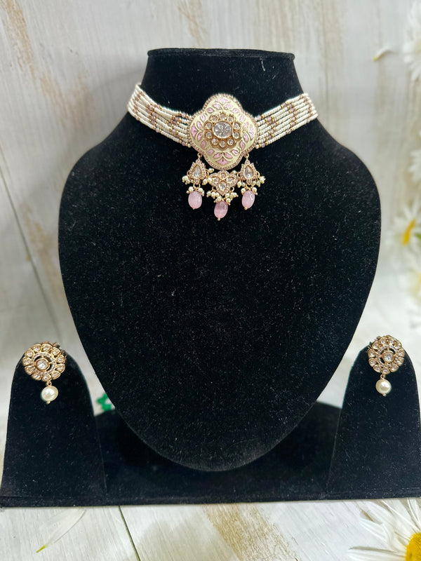 Meenakari Kundan Choker Set – Grace in Blush & Gold