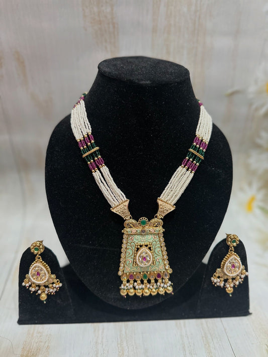 Majestic Temple-Inspired Long Necklace Set – Mint Green Enamel & Pearl Beads