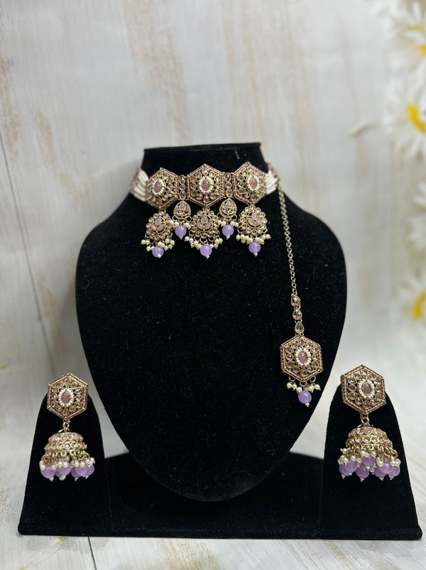 Lavender Hyderabadi Choker Set