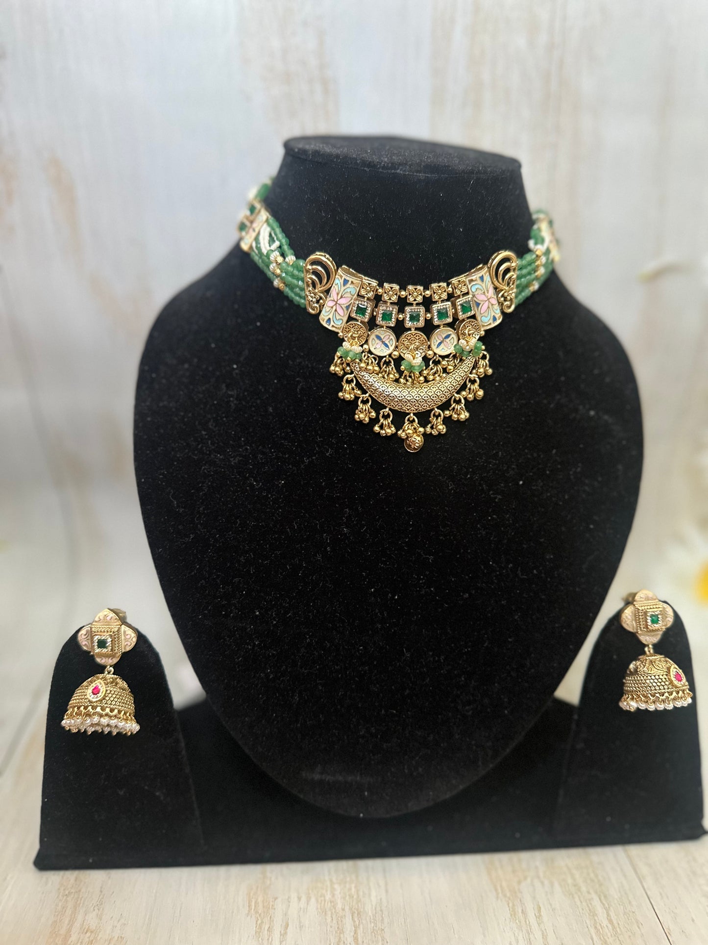 Meenakari Crescent Choker Set – Green Thread & Gold Jhumkis