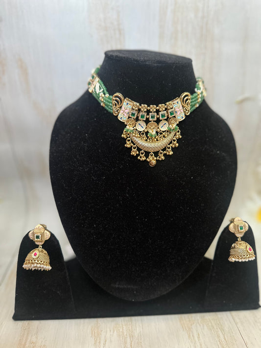 Meenakari Crescent Choker Set – Green Thread & Gold Jhumkis