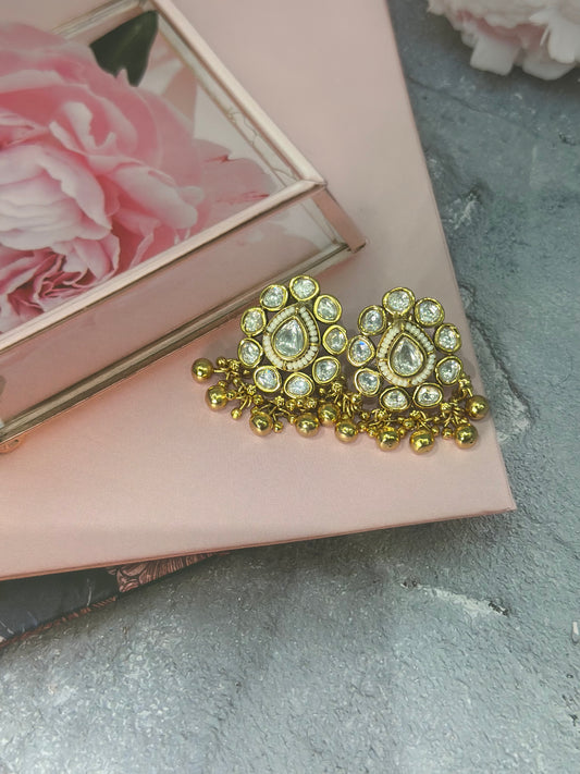 Kundan Drop Stud Earrings with Ghungroo Detailing