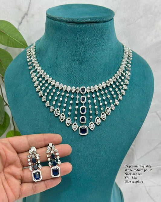 Elegant Blue Sapphire CZ Necklace and Earring Set with White Rhodium Polish