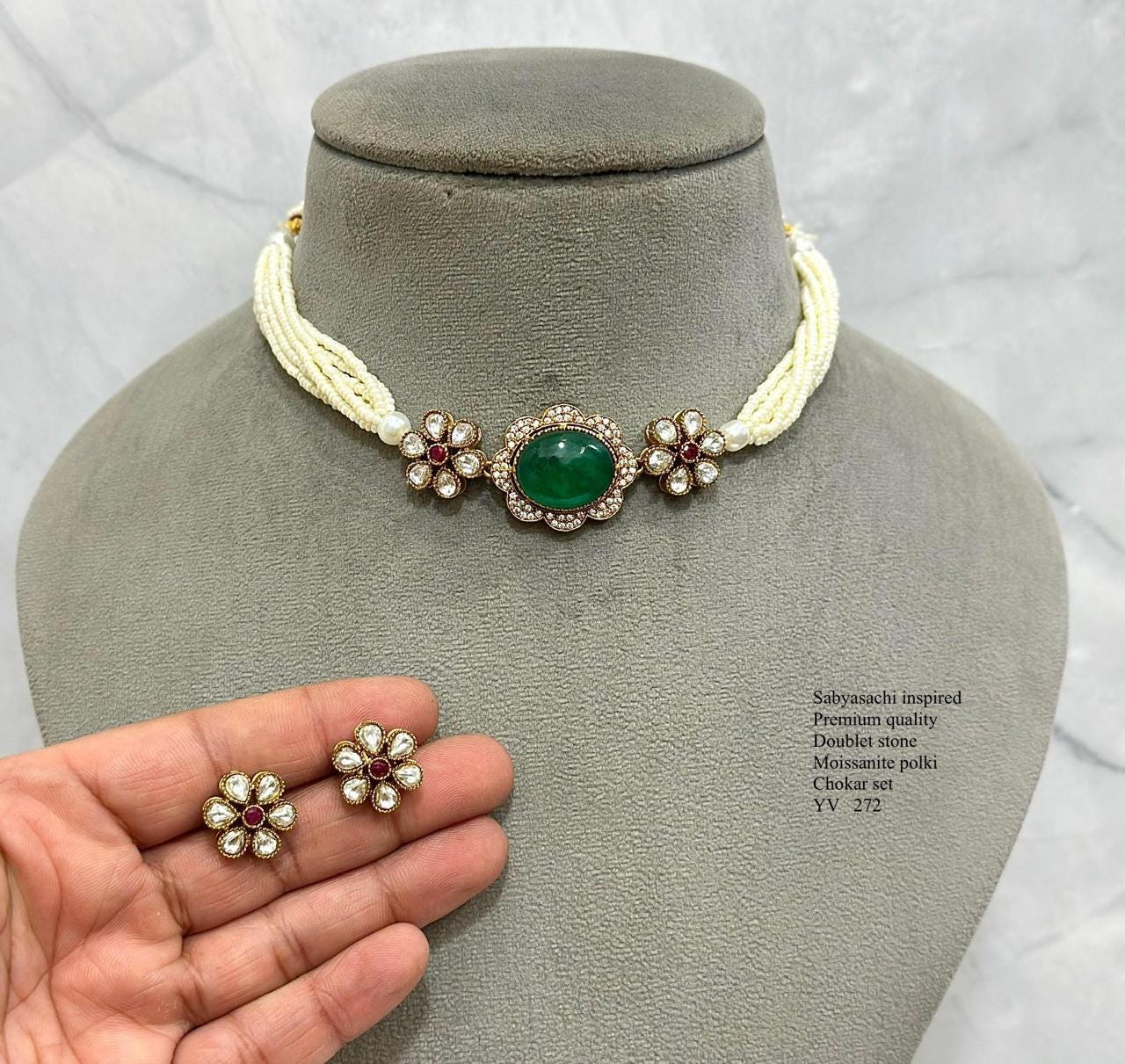 Floral Elegance: Pearl & Emerald Choker Set with Earrings