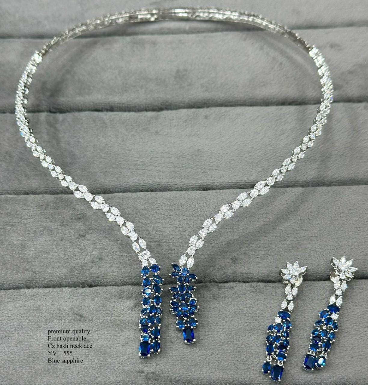 CZ Diamond hasli Choker Set – White Rhodium Polish- Red, Emerald and Blue