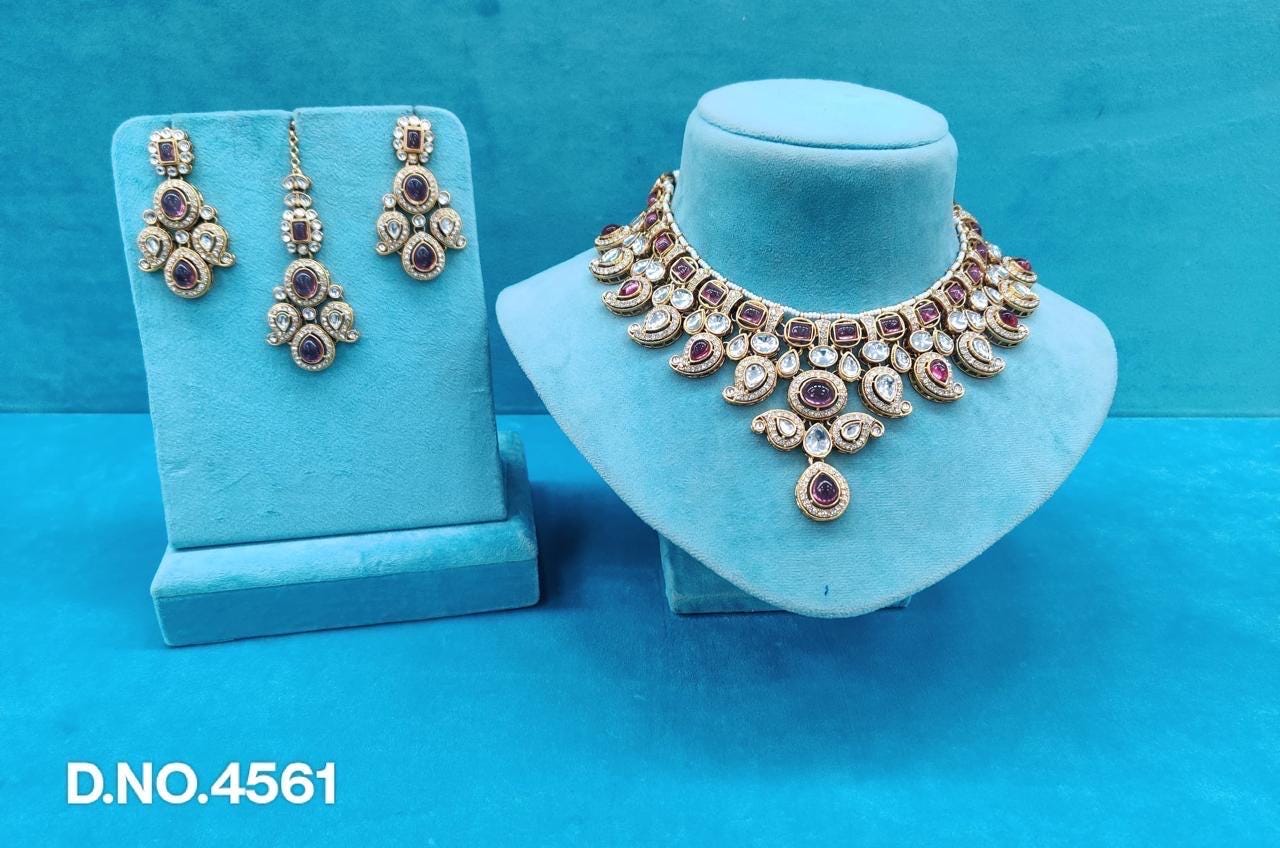 Meenakari Purple Stone and Diamond Necklace, tikka and Earrings Set