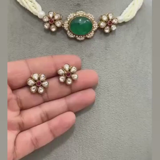 Floral Elegance: Pearl & Emerald Choker Set with Earrings