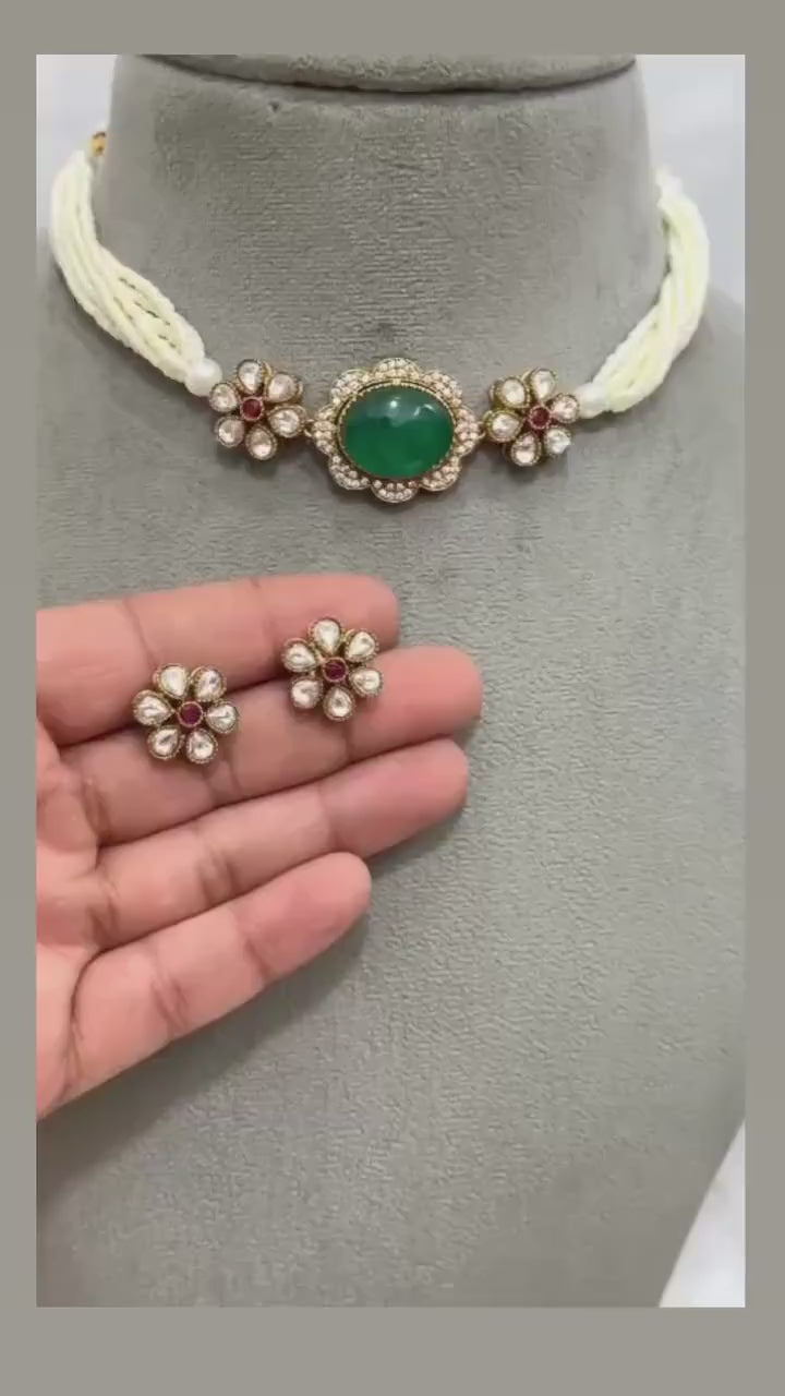 Floral Elegance: Pearl & Emerald Choker Set with Earrings